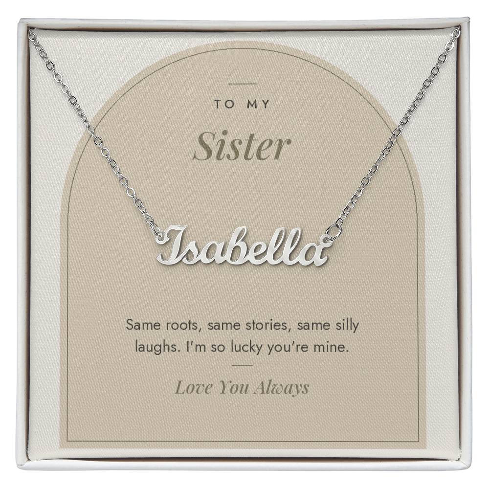 Custom name necklace for sister – Modern Arch pendant with To My Sister message card, view 1
