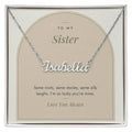 Custom name necklace for sister – Modern Arch pendant with To My Sister message card, view 1