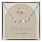 Custom name necklace for sister – Modern Arch pendant with To My Sister message card, view 1