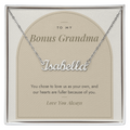Custom name necklace for bonus grandma – Modern Arch pendant with To My Bonus Grandma message card, view 1