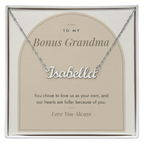 Custom name necklace for bonus grandma – Modern Arch pendant with To My Bonus Grandma message card, view 1