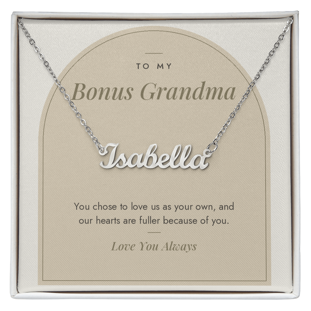 Custom name necklace for bonus grandma – Modern Arch pendant with To My Bonus Grandma message card, view 1