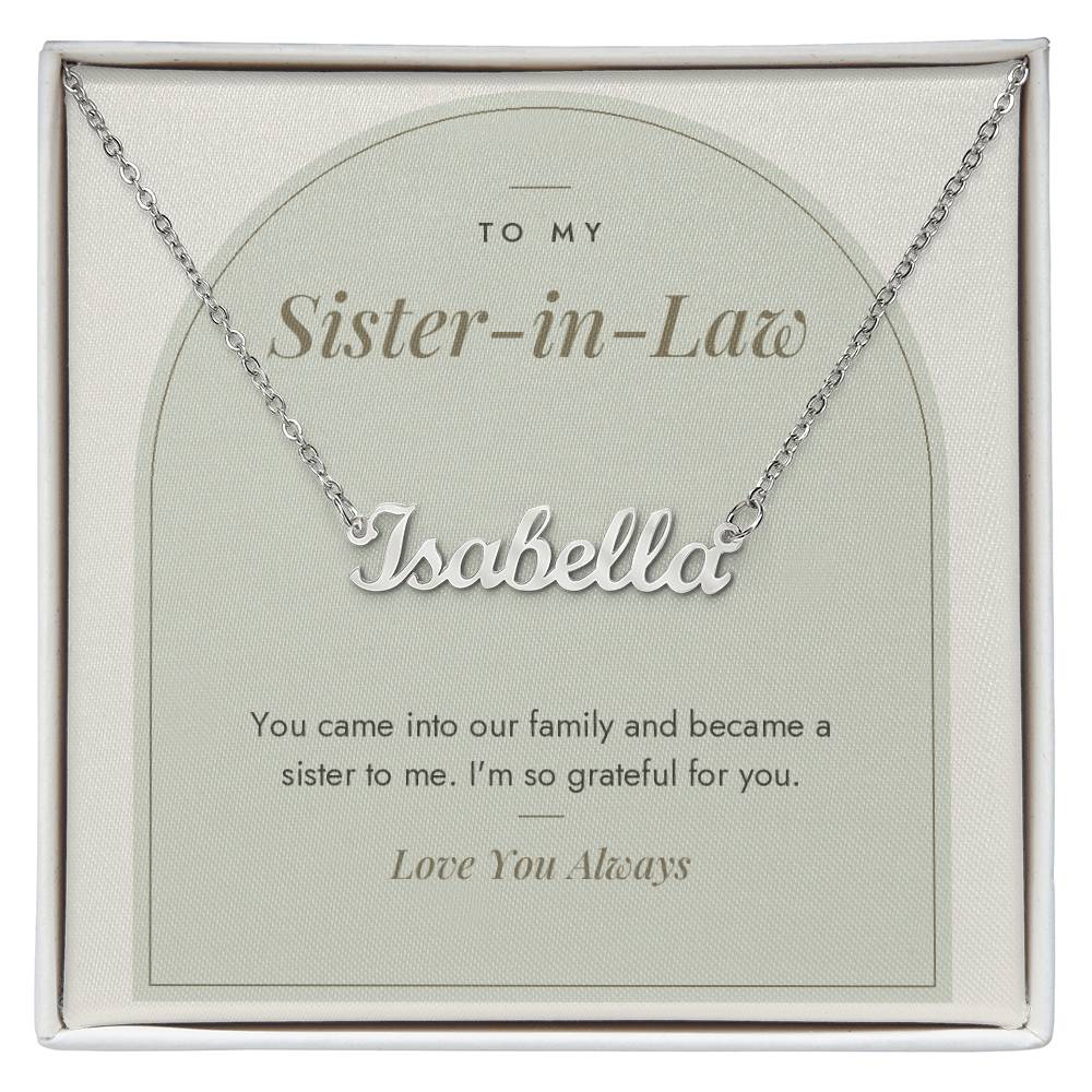 Custom name necklace for sister-in-law – Modern Arch pendant with To My Sister-in-Law message card, view 1