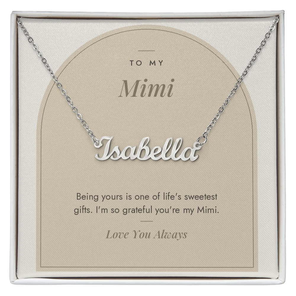 Custom name necklace for mimi – Modern Arch pendant with To My Mimi message card, view 1