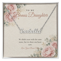 Silver custom name necklace for bonus daughter on floral message card