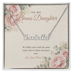 Silver custom name necklace for bonus daughter on floral message card