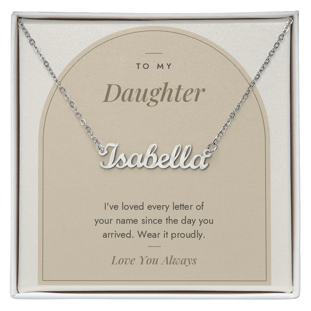 Custom name necklace for daughter – Modern Arch pendant with To My Daughter message card, view 1