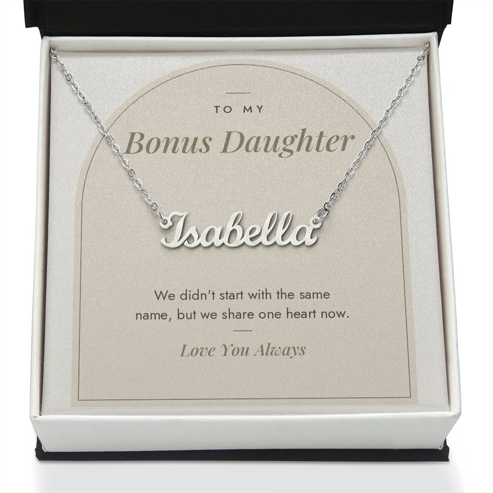 Custom name necklace for bonus daughter – Modern Arch pendant with To My Bonus Daughter message card, view 2