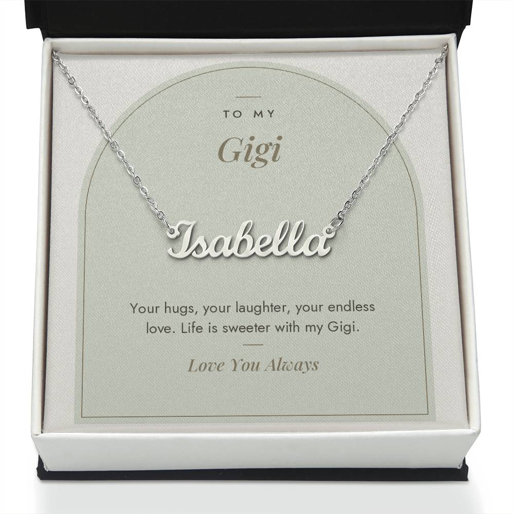 Custom name necklace for gigi – Modern Arch pendant with To My Gigi message card, view 2