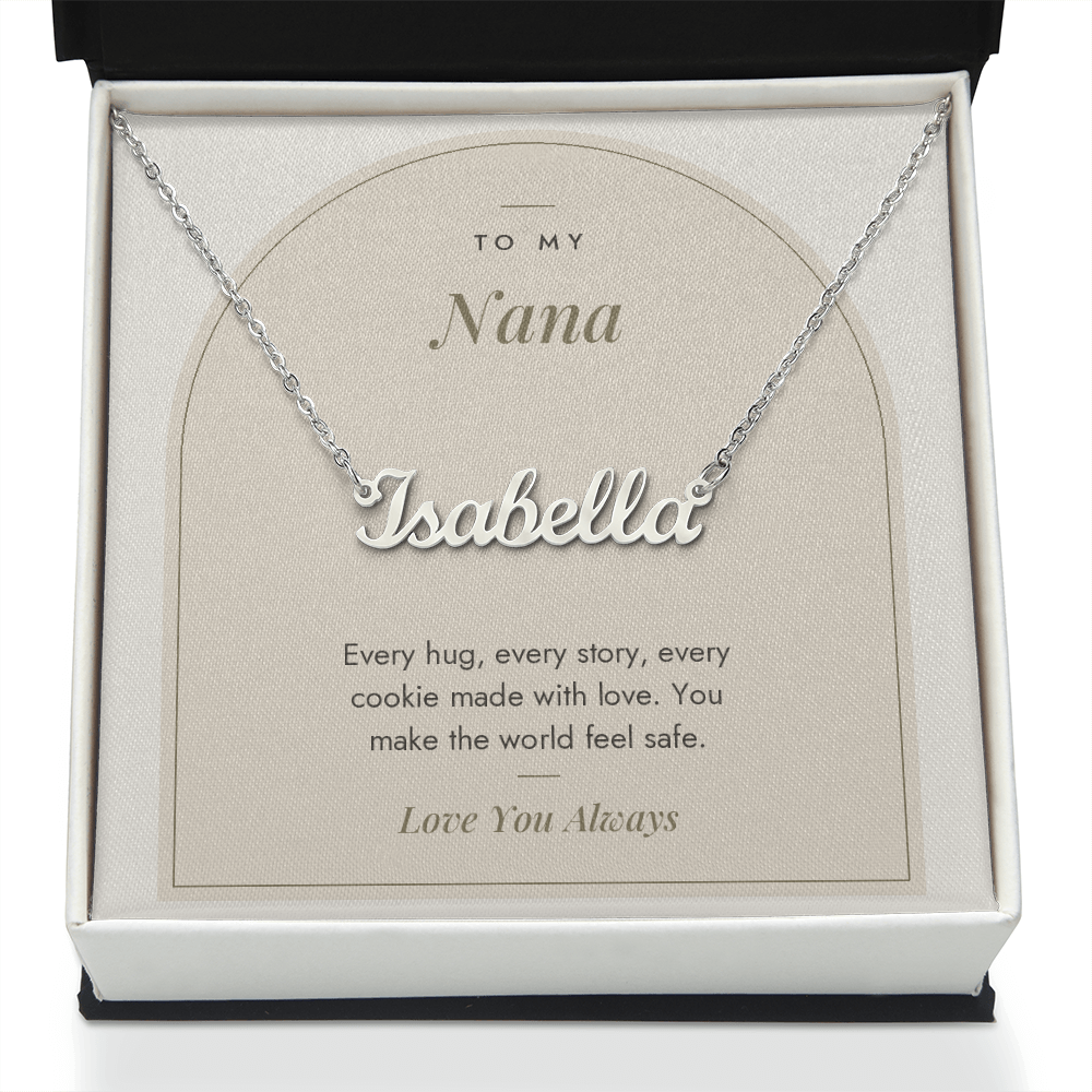 Custom name necklace for nana – Modern Arch pendant with To My Nana message card, view 2