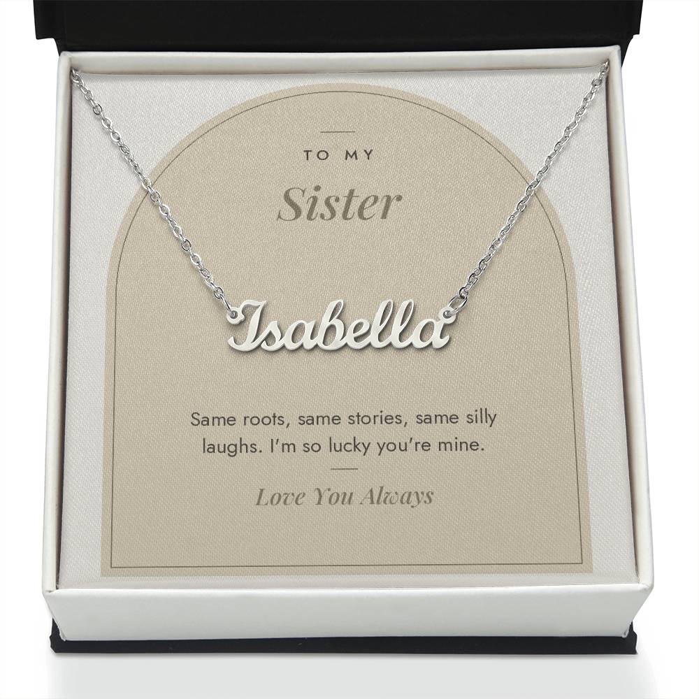 Custom name necklace for sister – Modern Arch pendant with To My Sister message card, view 2