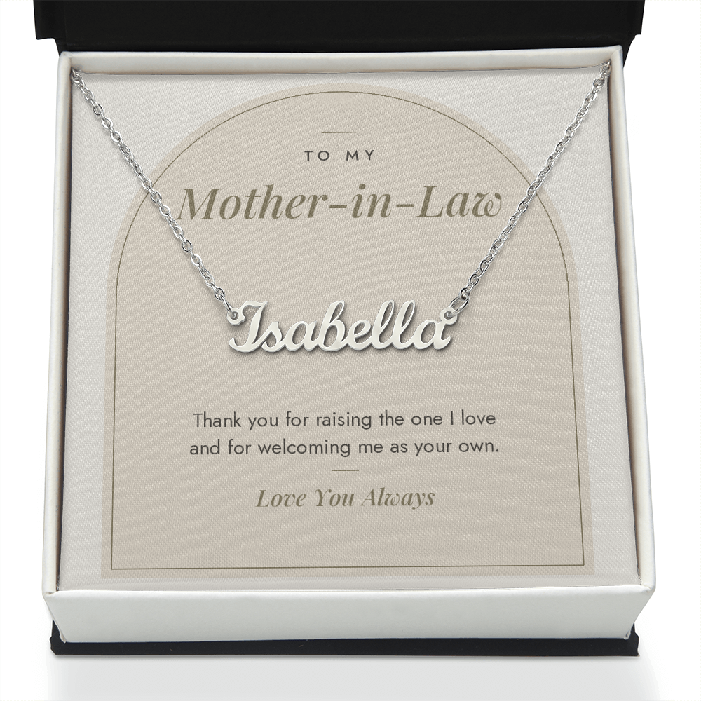 Custom name necklace for mother-in-law – Modern Arch pendant with To My Mother-in-Law message card, view 2