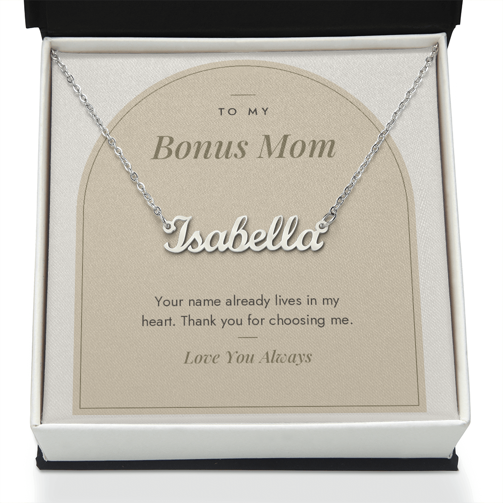 Custom name necklace for bonus mom – Modern Arch pendant with To My Bonus Mom message card, view 2