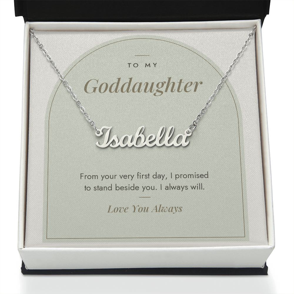 Custom name necklace for goddaughter – Modern Arch pendant with To My Goddaughter message card, view 2