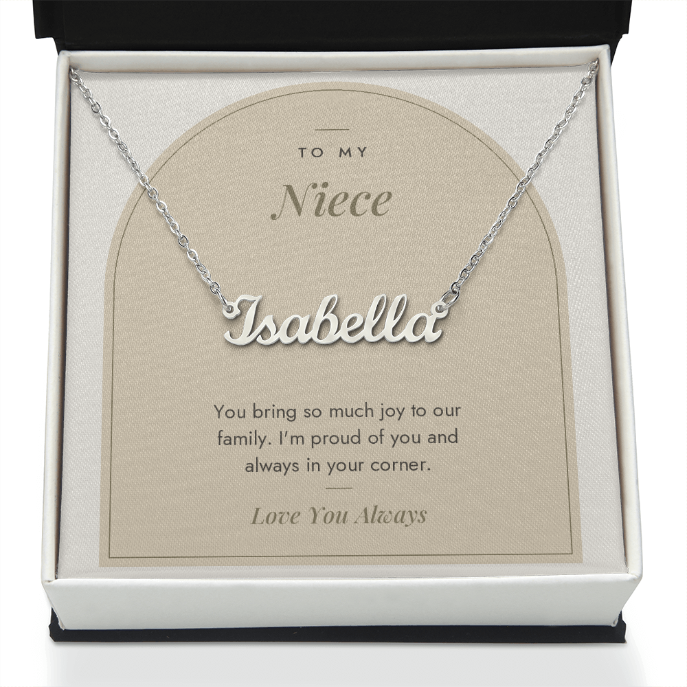 Custom name necklace for niece – Modern Arch pendant with To My Niece message card, view 2