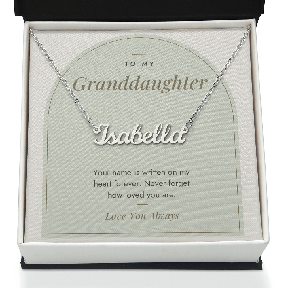 Custom name necklace for granddaughter – Modern Arch pendant with To My Granddaughter message card, view 2