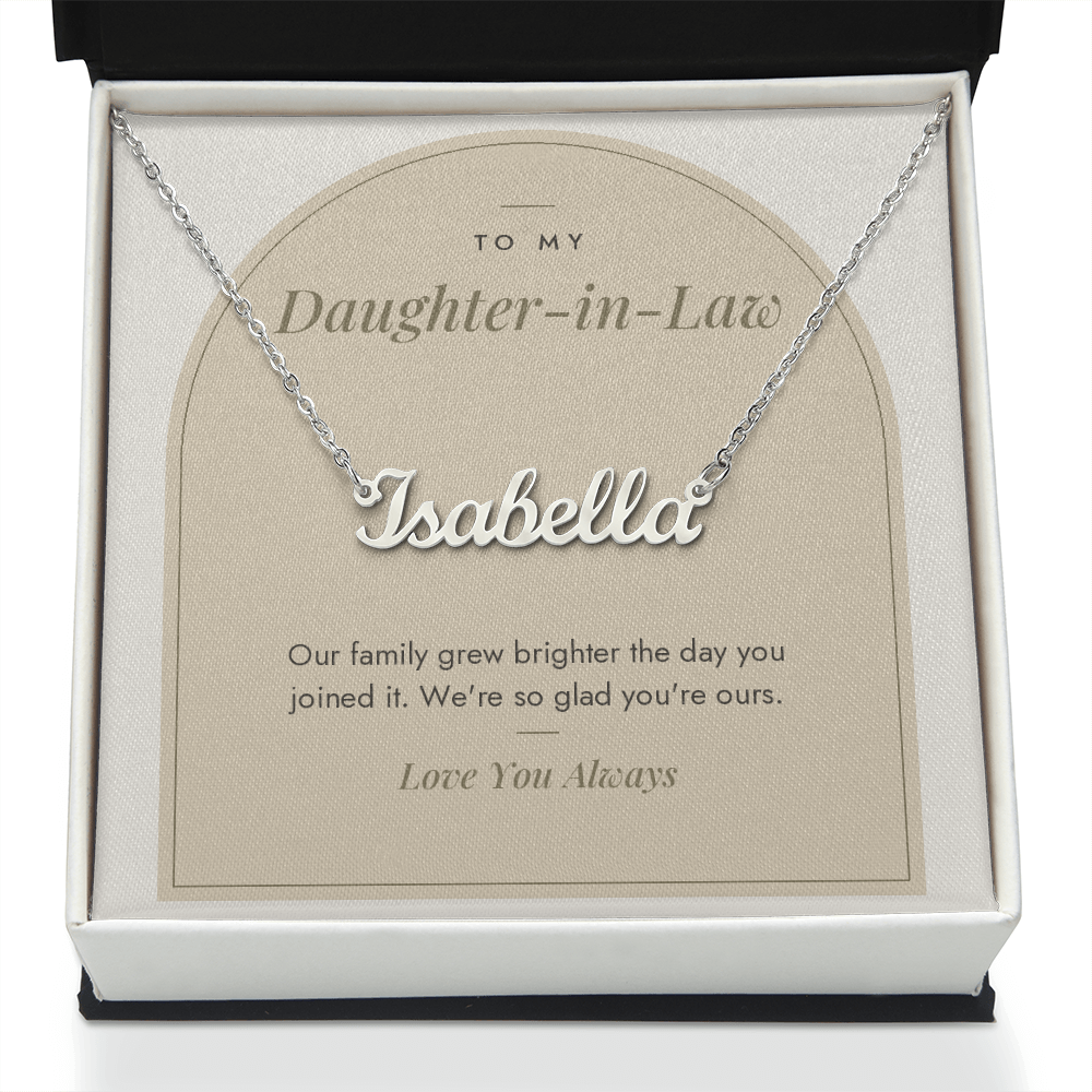 Custom name necklace for daughter-in-law – Modern Arch pendant with To My Daughter-in-Law message card, view 2