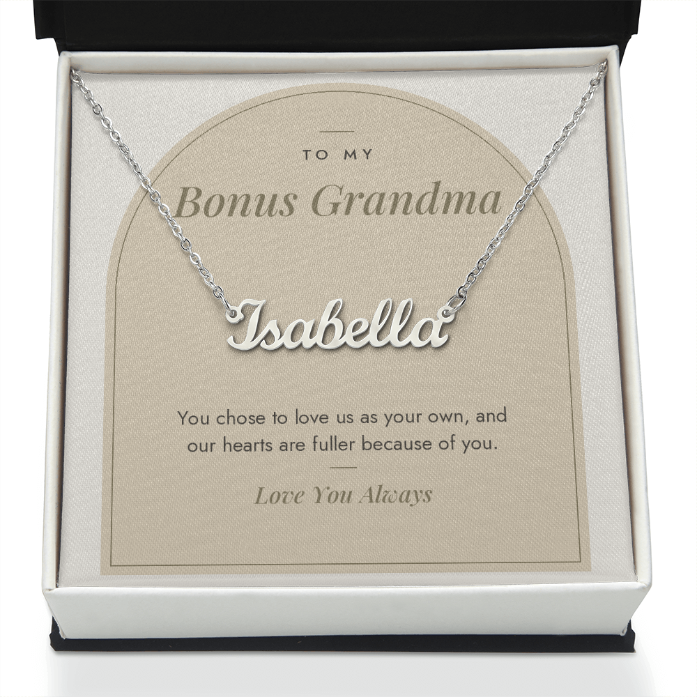 Custom name necklace for bonus grandma – Modern Arch pendant with To My Bonus Grandma message card, view 2