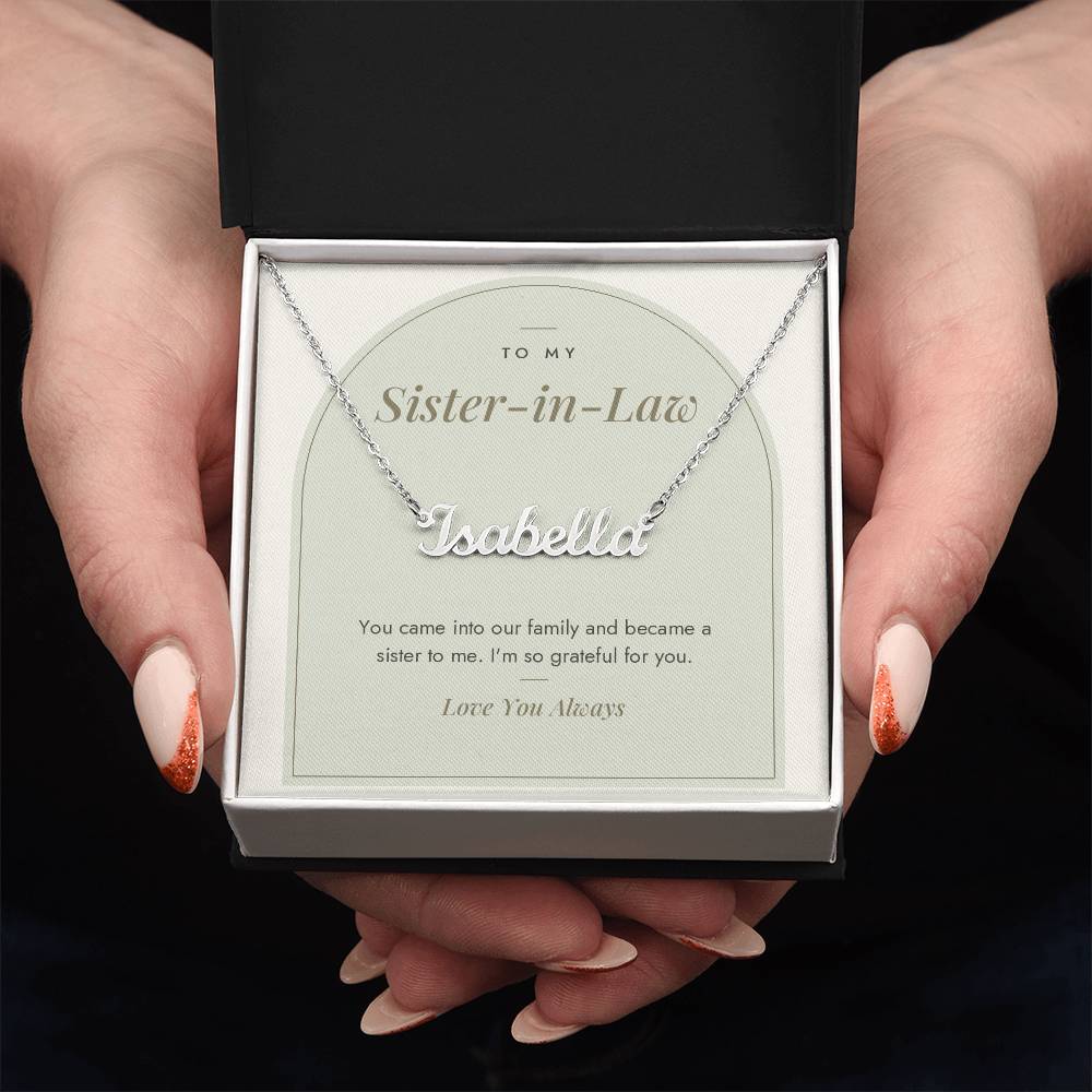 Custom name necklace for sister-in-law – Modern Arch pendant with To My Sister-in-Law message card, view 3