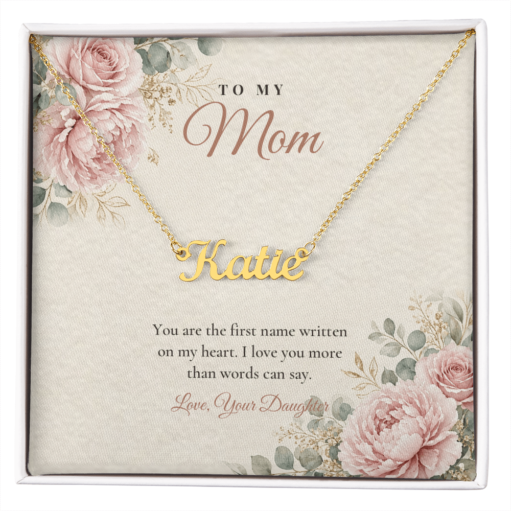 Gold custom name necklace for Mom from daughter on floral message card