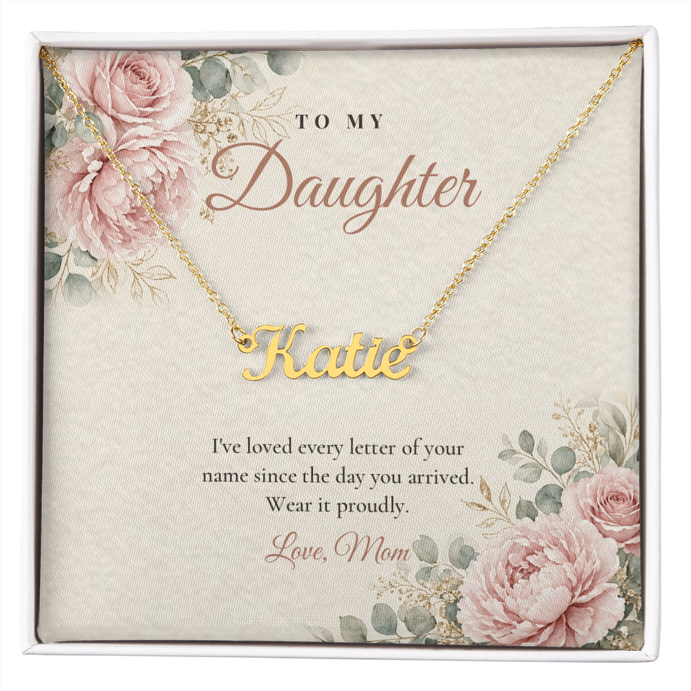 Gold custom name necklace for daughter on floral message card