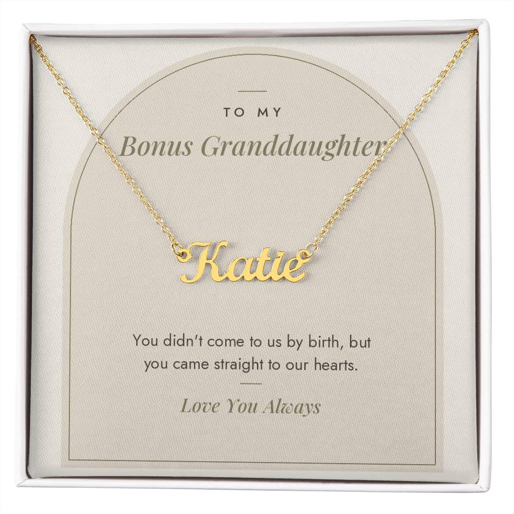 Custom name necklace for bonus granddaughter – Modern Arch pendant with To My Bonus Granddaughter message card, view 4