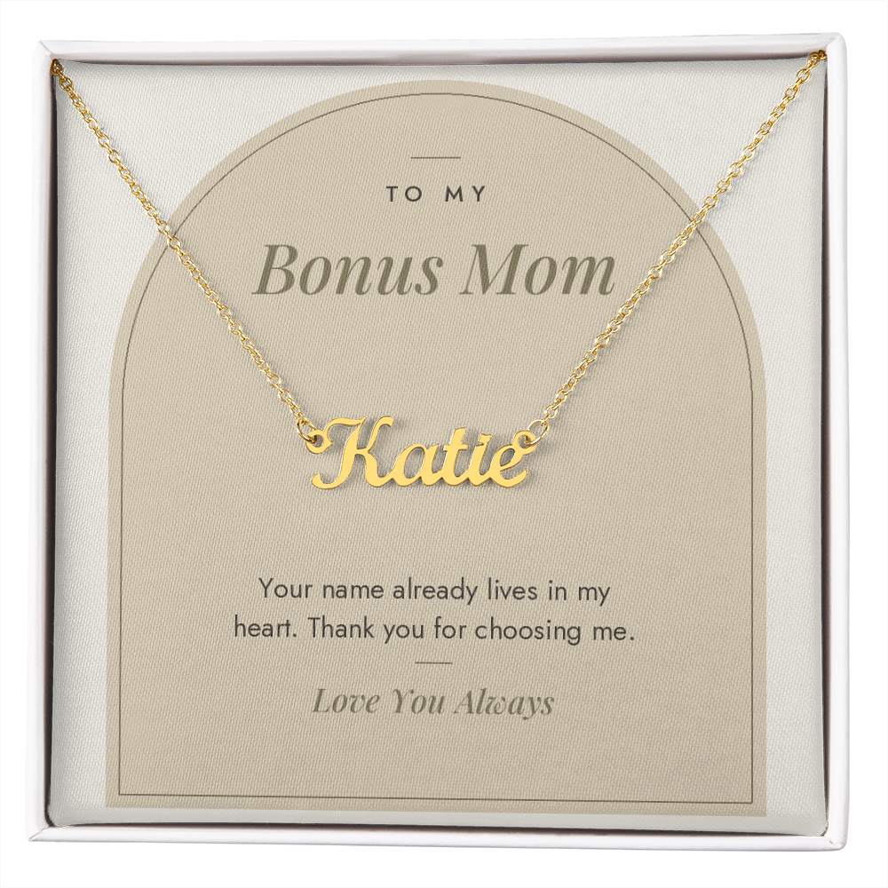 Custom name necklace for bonus mom – Modern Arch pendant with To My Bonus Mom message card, view 4