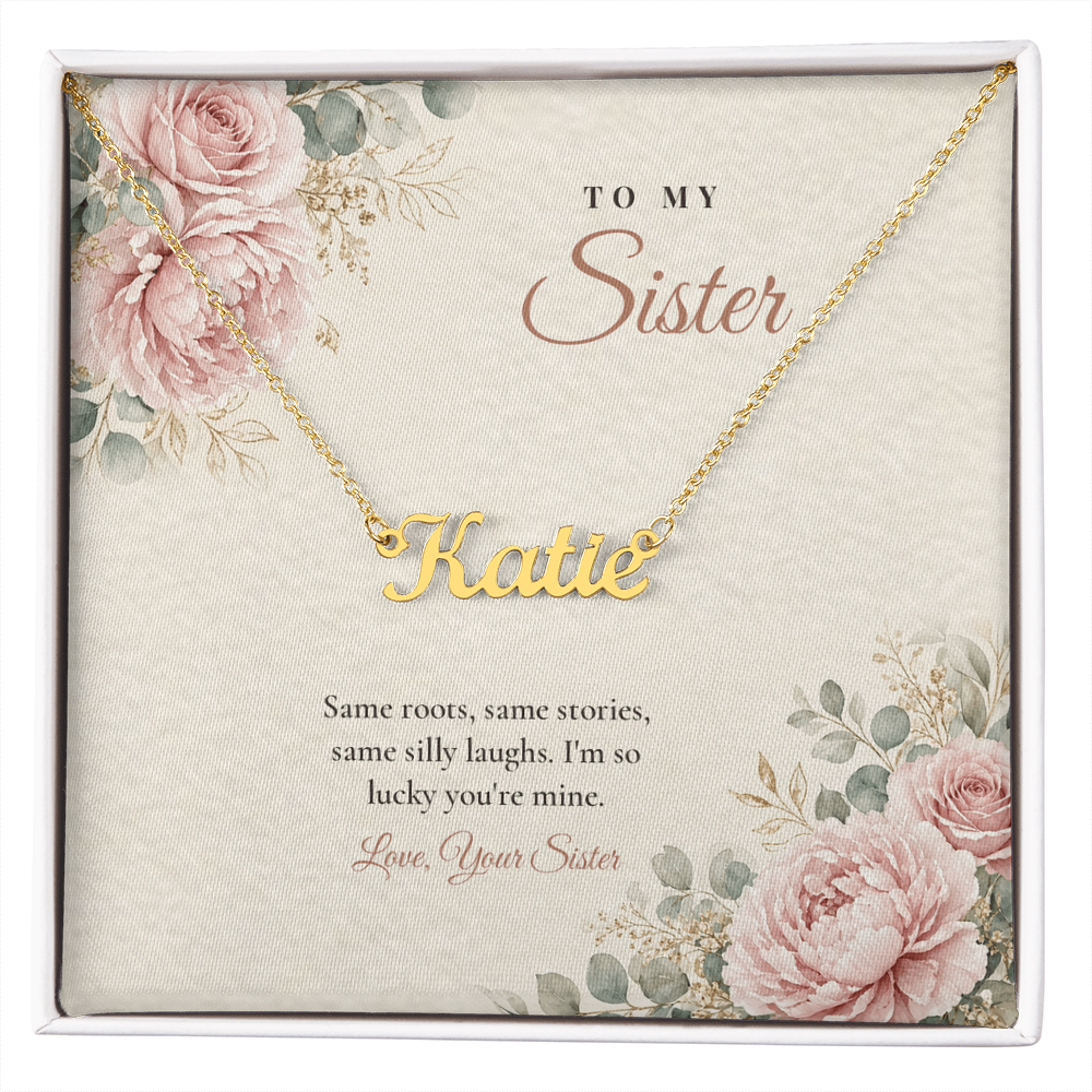 18K gold finish Sister name necklace on pink rose floral "To My Sister" message card – name necklace for Sister