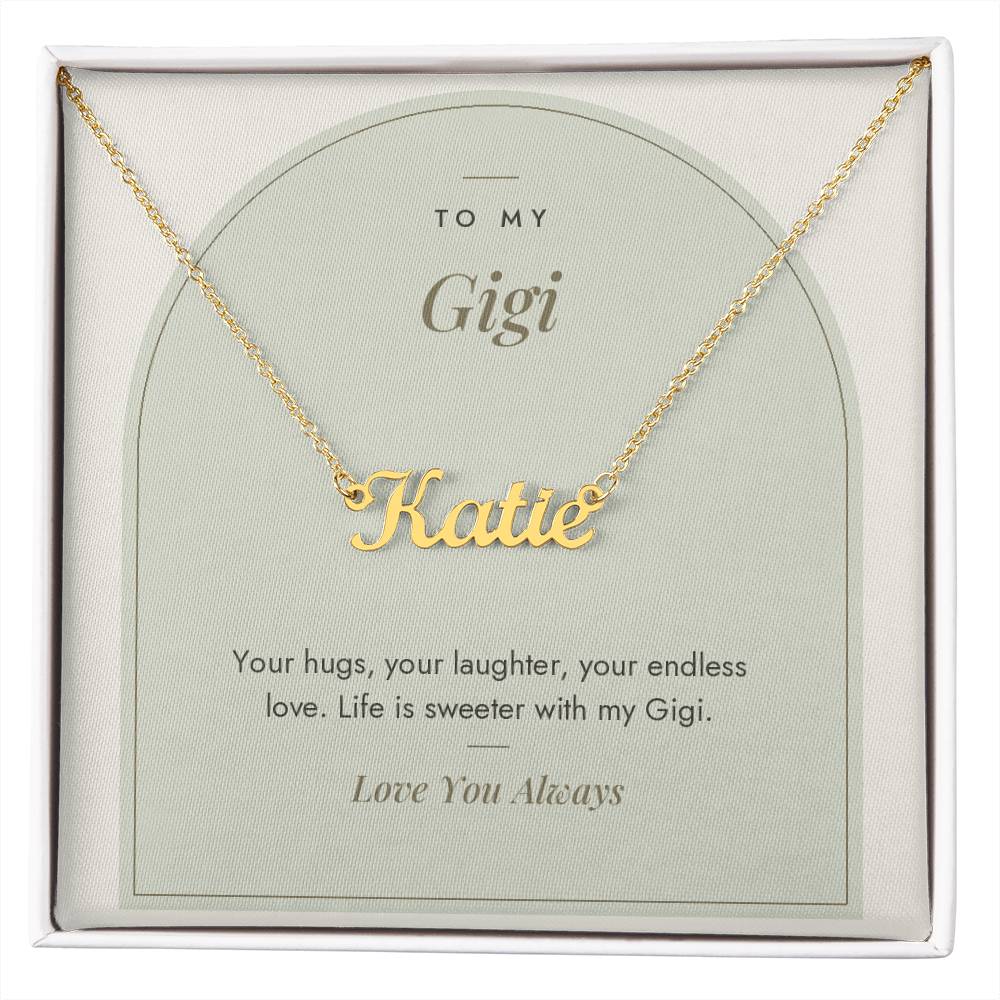 Custom name necklace for gigi – Modern Arch pendant with To My Gigi message card, view 4