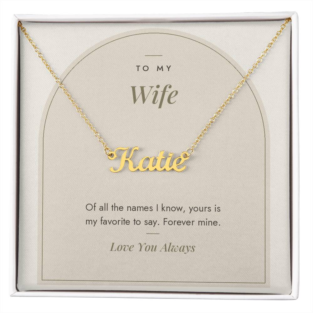 Custom name necklace for wife – Modern Arch pendant with To My Wife message card, view 4