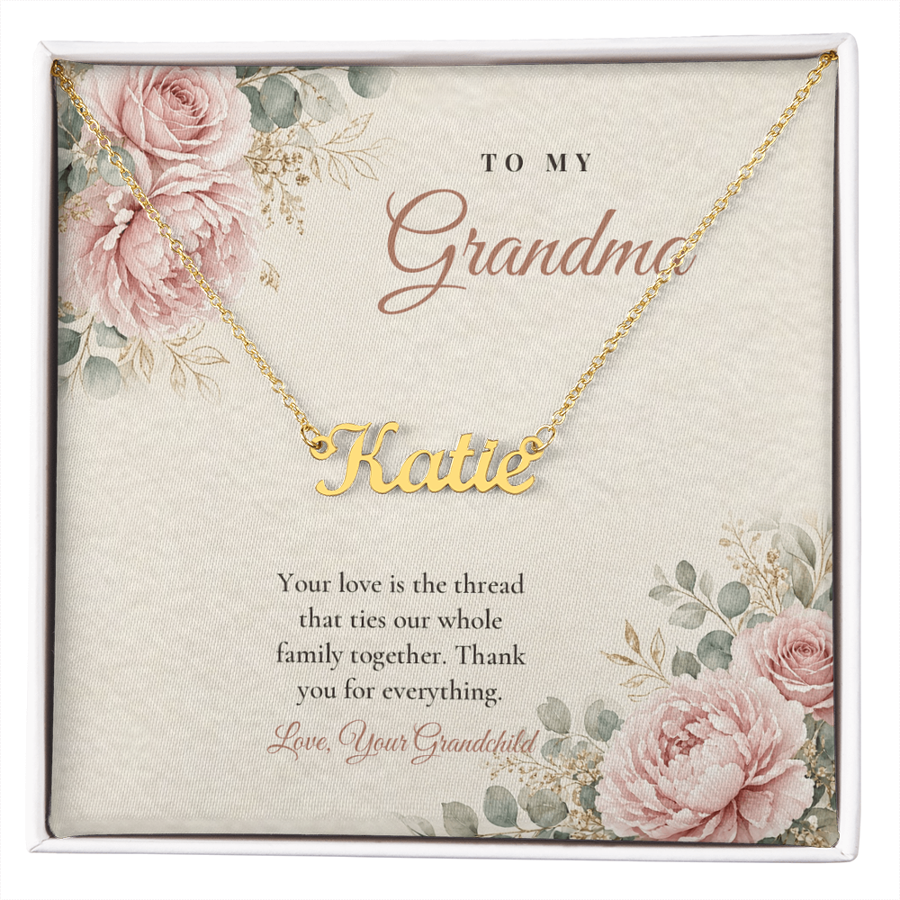 18K gold finish Grandma name necklace on pink rose floral "To My Grandma" message card – name necklace for Grandma