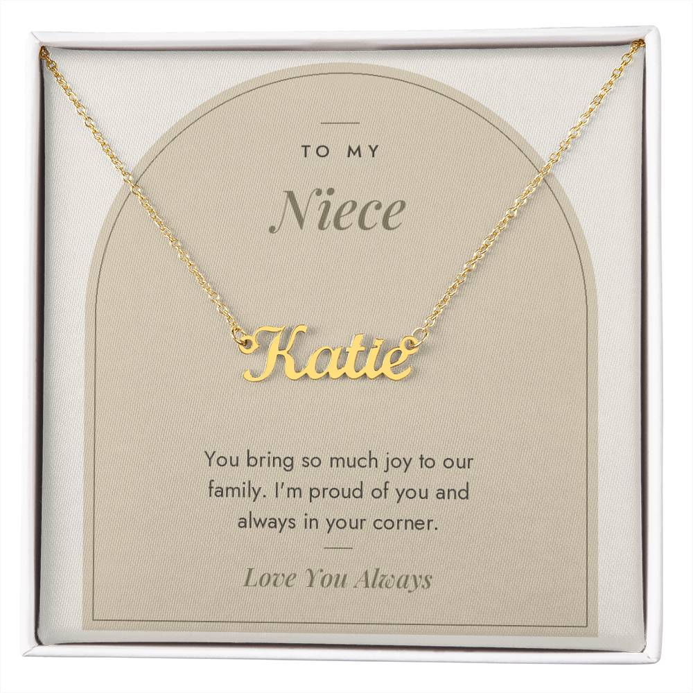 Custom name necklace for niece – Modern Arch pendant with To My Niece message card, view 4