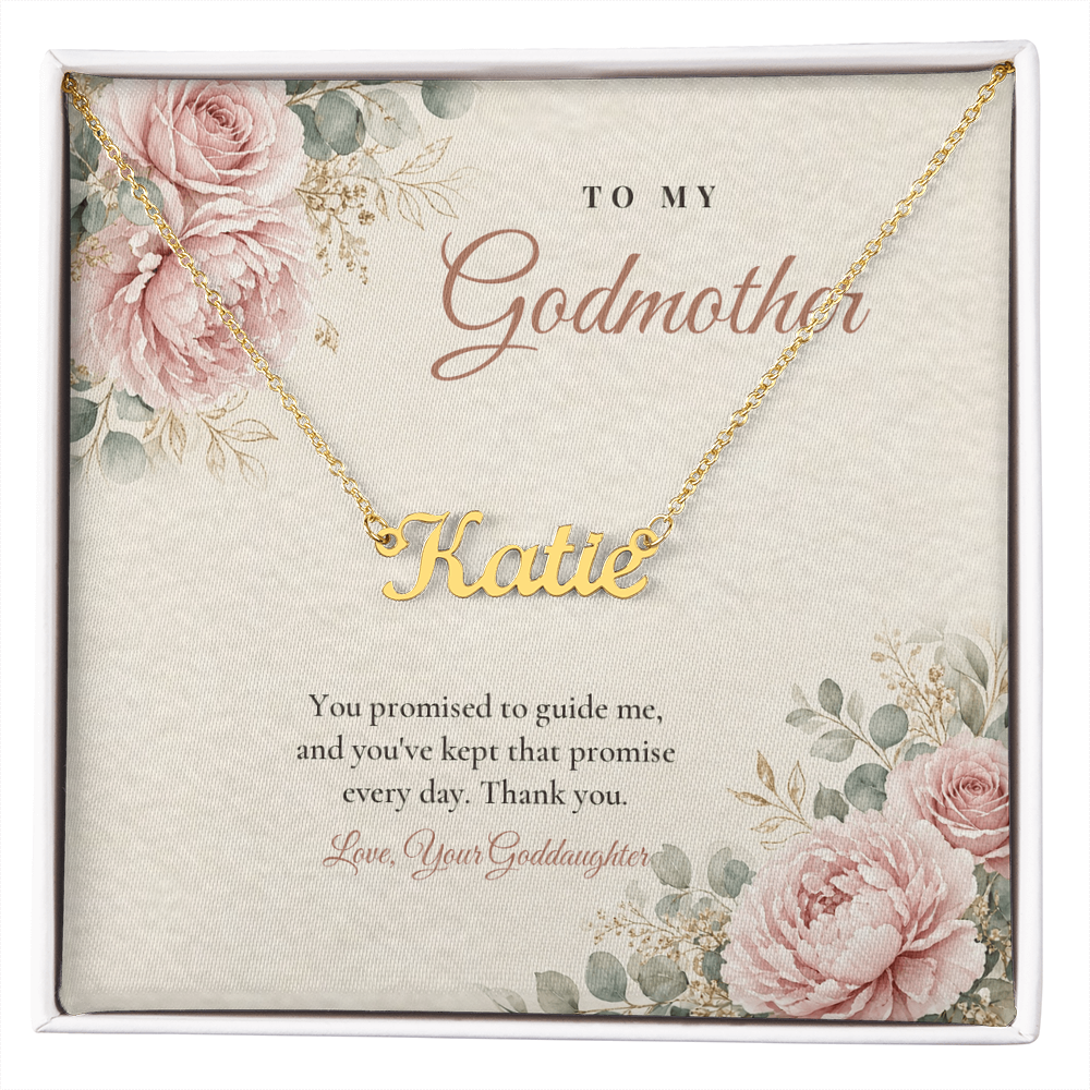 18K gold finish Godmother name necklace on pink rose floral "To My Godmother" message card – name necklace for Godmother