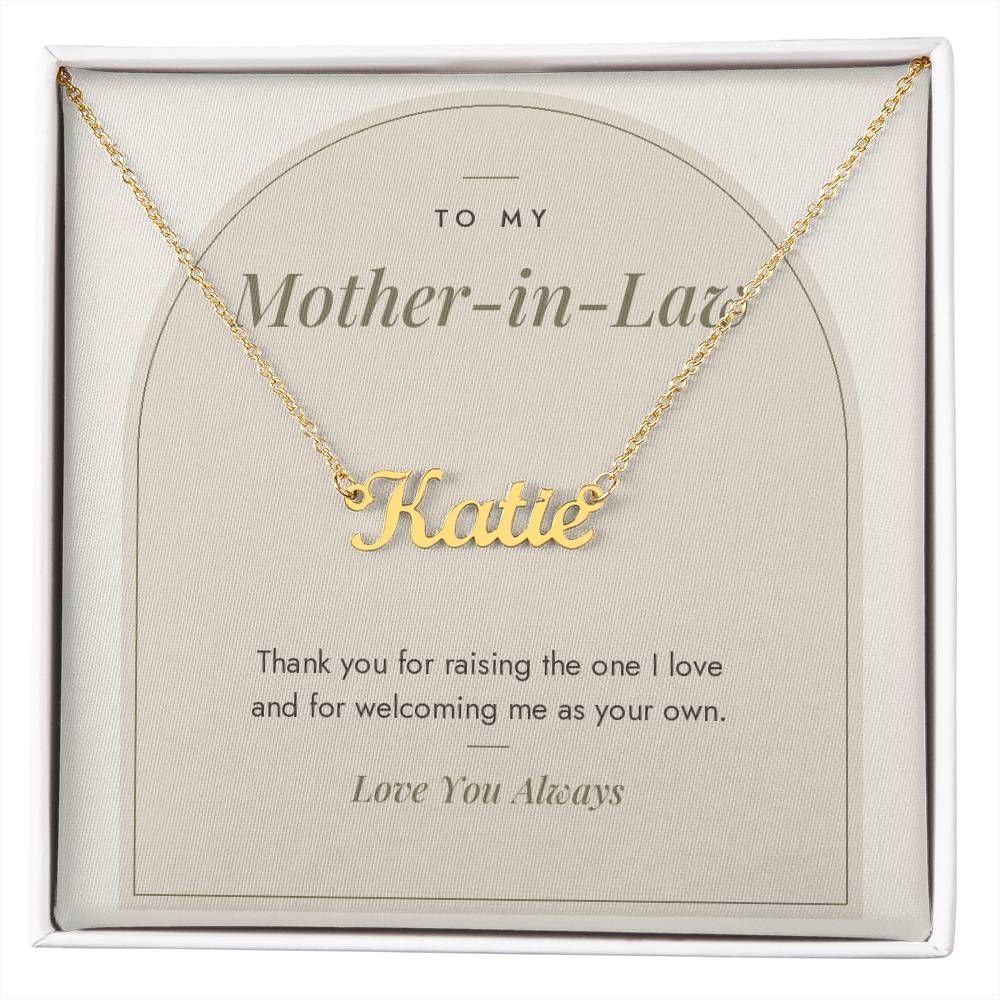 Custom name necklace for mother-in-law – Modern Arch pendant with To My Mother-in-Law message card, view 4