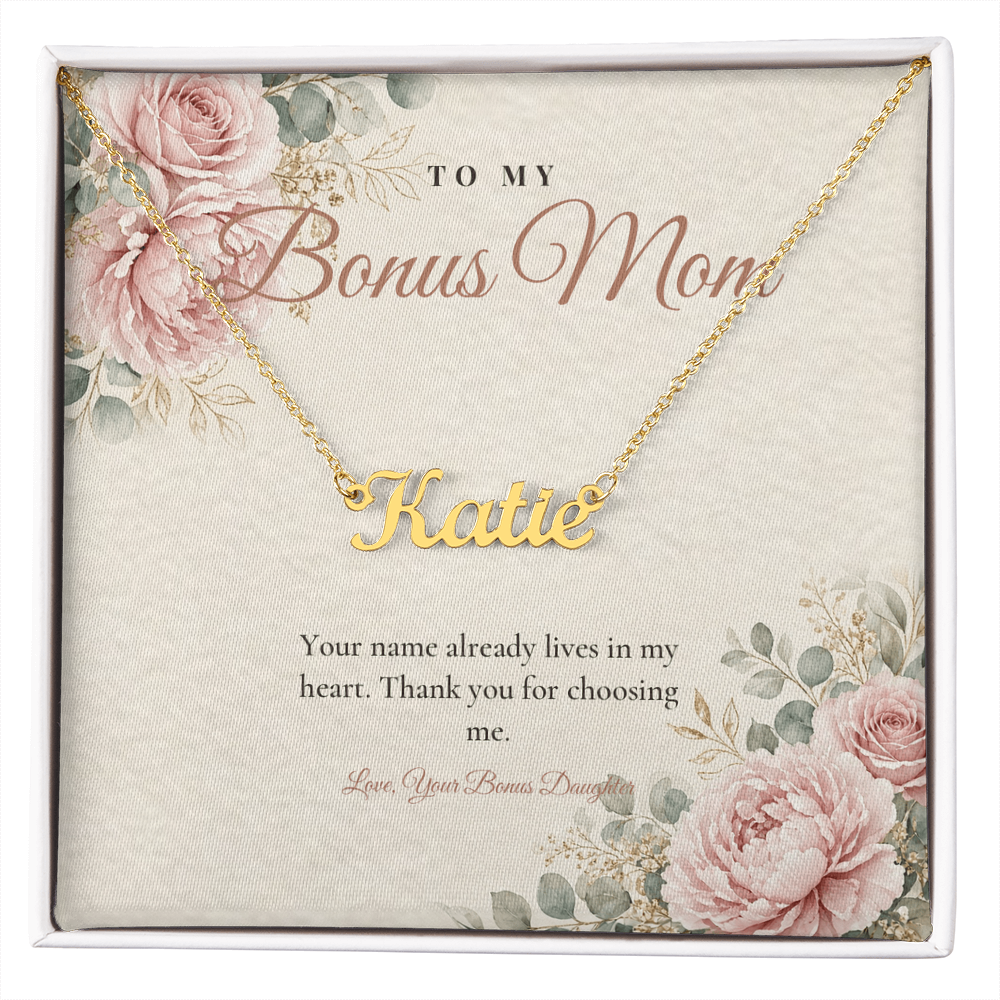 Gold custom name necklace for bonus mom on floral message card
