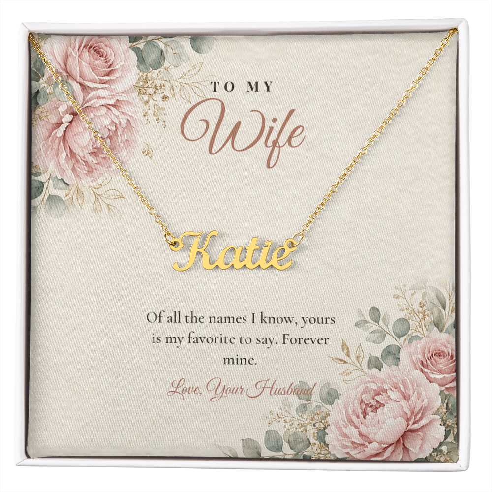 Gold custom name necklace for wife on floral message card