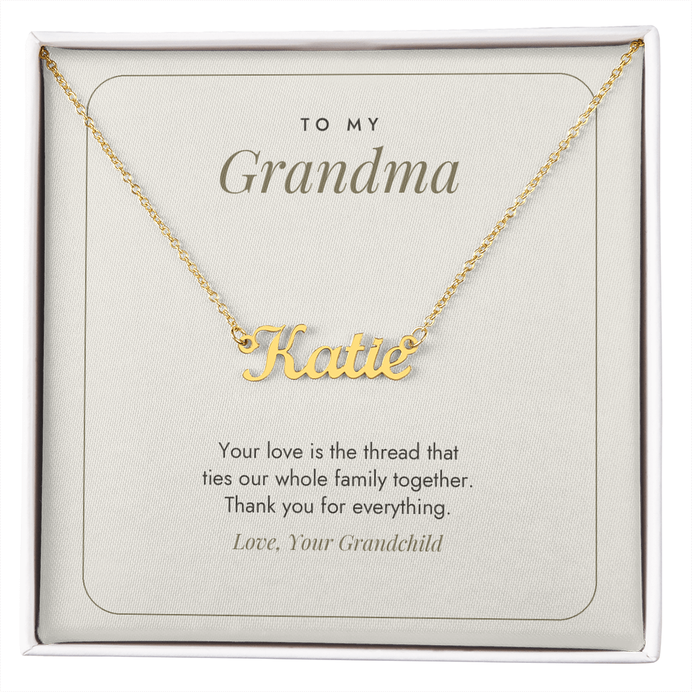 18K gold finish Grandma name necklace on minimalist white "To My Grandma" message card – name necklace for Grandma