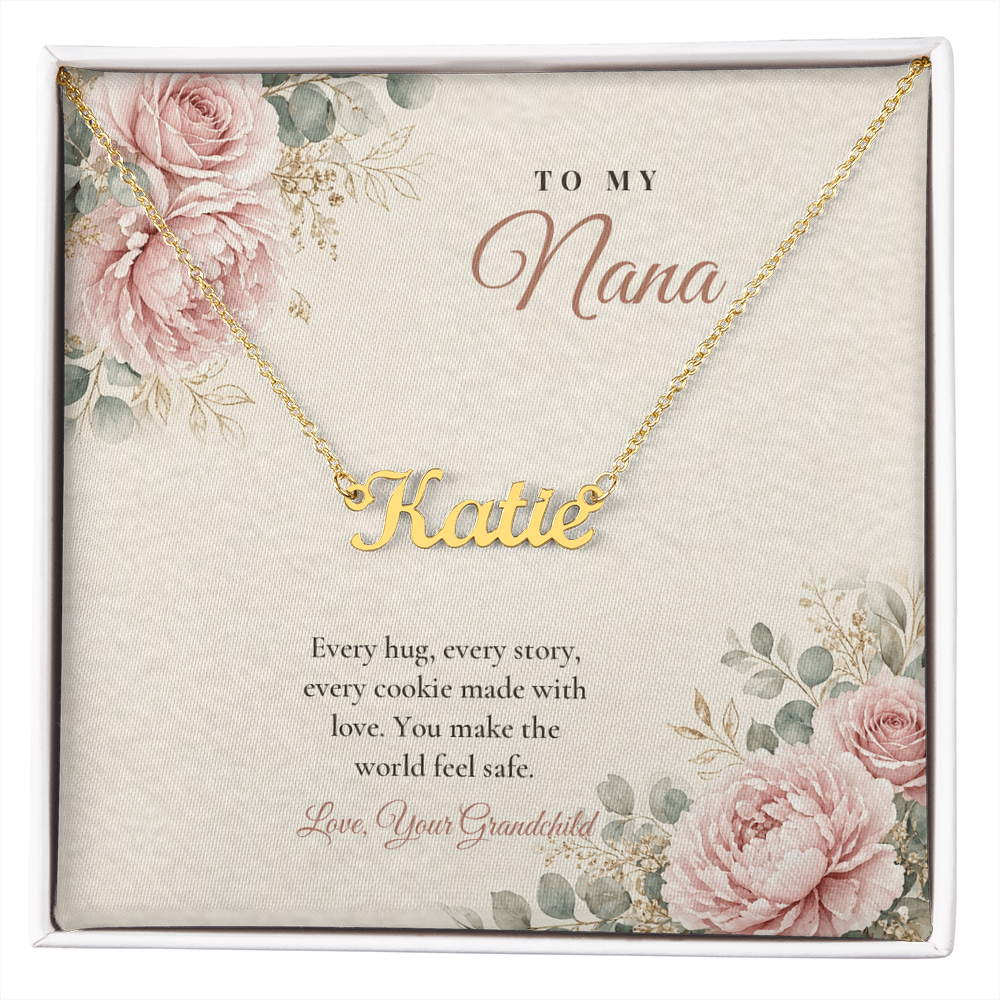 18K gold finish Nana name necklace on pink rose floral "To My Nana" message card – name necklace for Nana