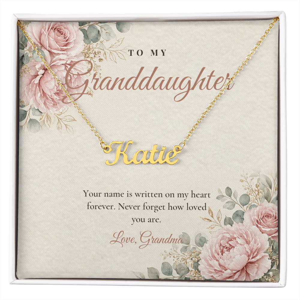 Gold custom name necklace for granddaughter on floral message card