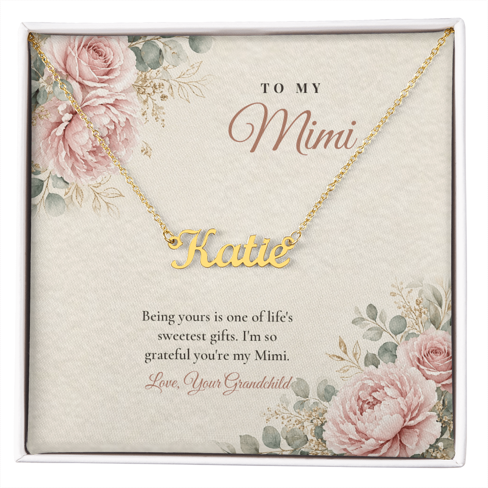 18K gold finish Mimi name necklace on pink rose floral "To My Mimi" message card – name necklace for Mimi