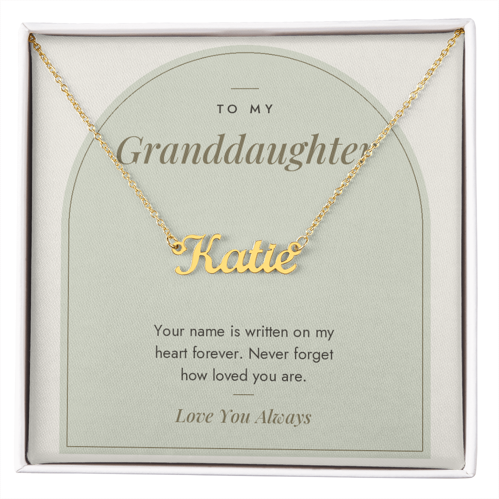Custom name necklace for granddaughter – Modern Arch pendant with To My Granddaughter message card, view 4