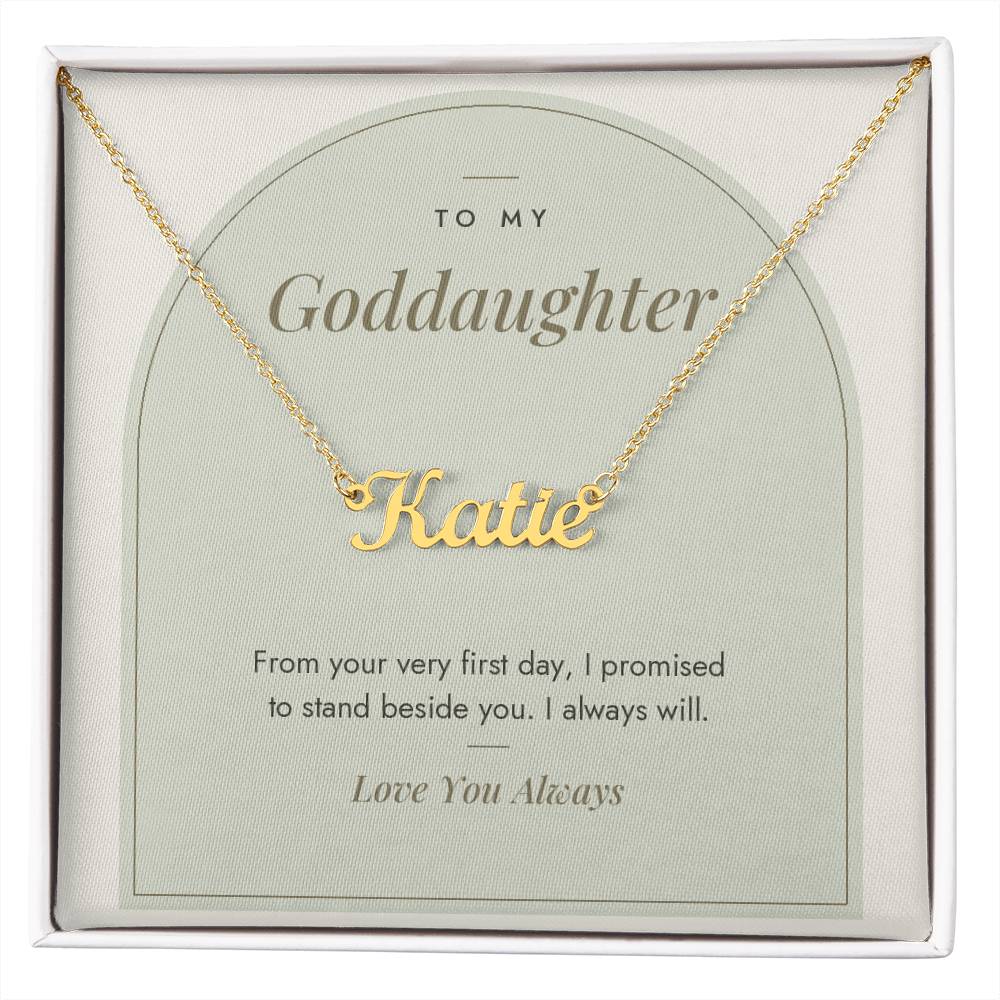 Custom name necklace for goddaughter – Modern Arch pendant with To My Goddaughter message card, view 4