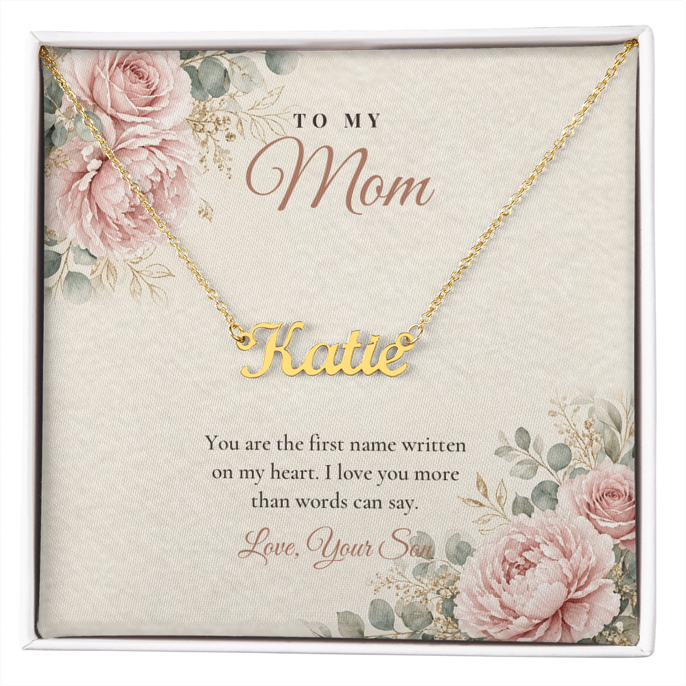 Gold custom name necklace for Mom from son on floral message card