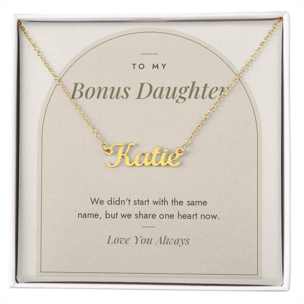 Custom name necklace for bonus daughter – Modern Arch pendant with To My Bonus Daughter message card, view 4