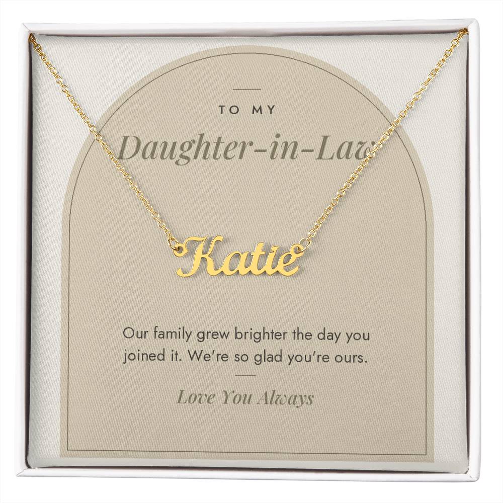 Custom name necklace for daughter-in-law – Modern Arch pendant with To My Daughter-in-Law message card, view 4