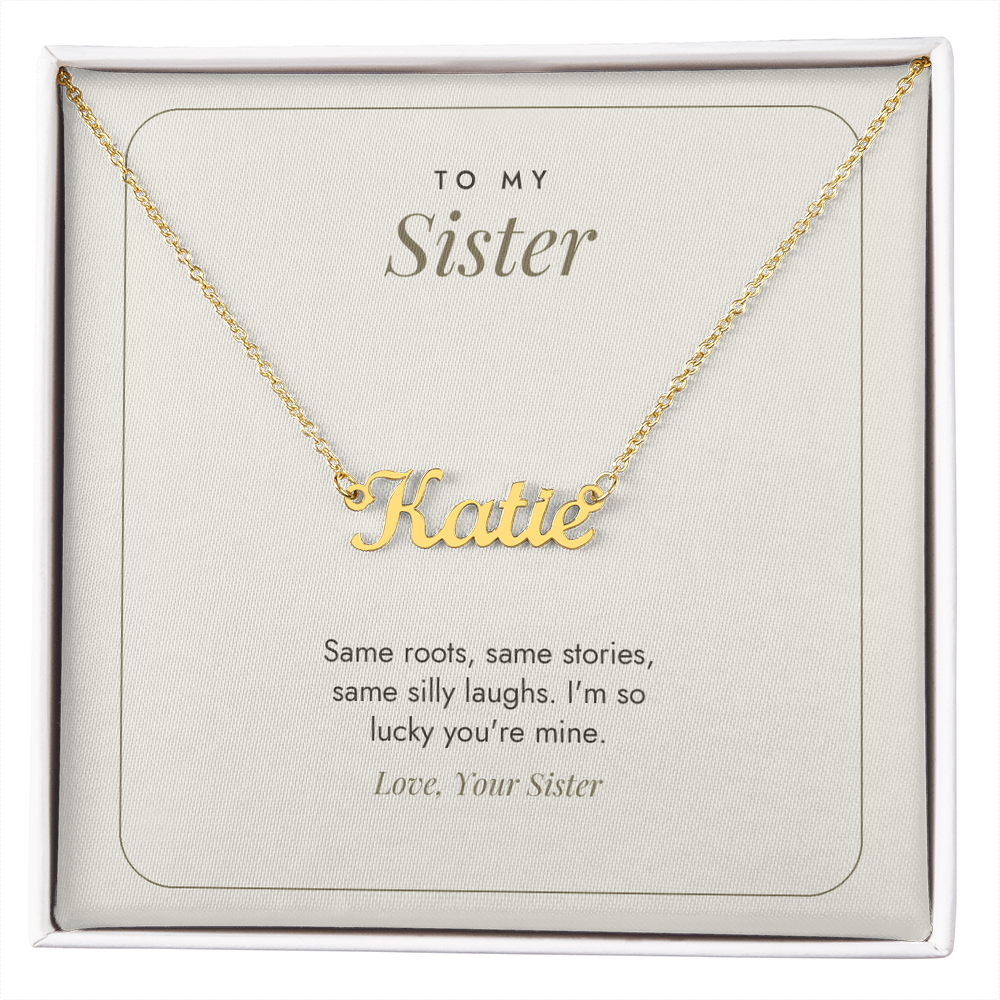 18K gold finish Sister name necklace on minimalist white "To My Sister" message card – name necklace for Sister
