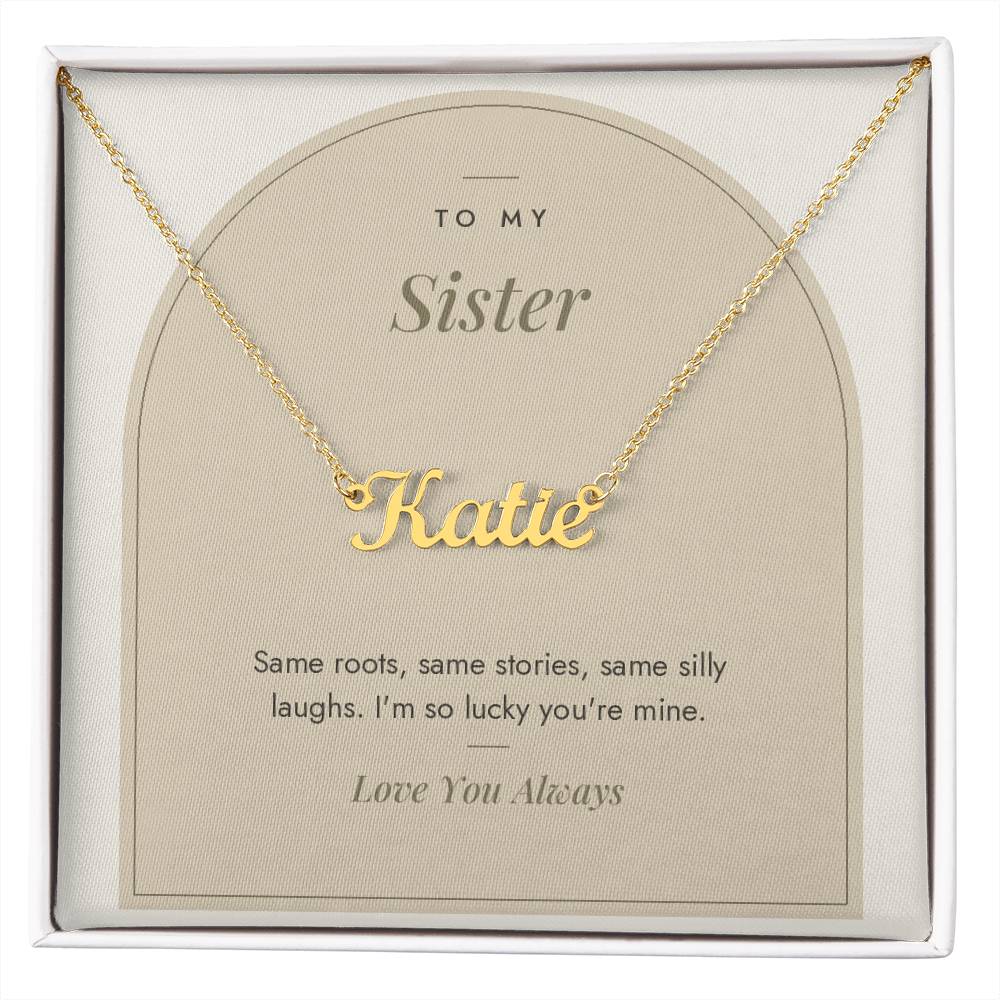 Custom name necklace for sister – Modern Arch pendant with To My Sister message card, view 4