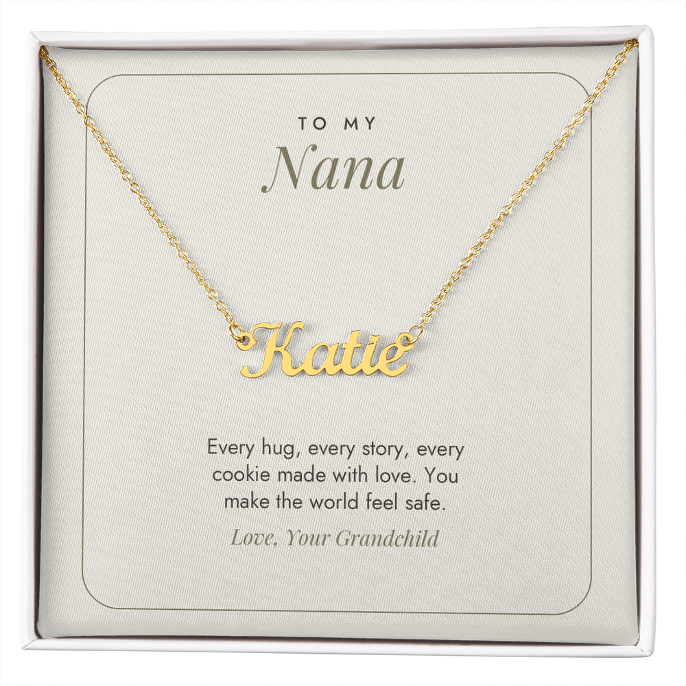 18K gold finish Nana name necklace on minimalist white "To My Nana" message card – name necklace for Nana