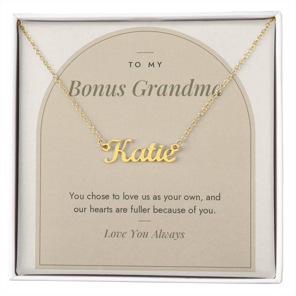 Custom name necklace for bonus grandma – Modern Arch pendant with To My Bonus Grandma message card, view 4