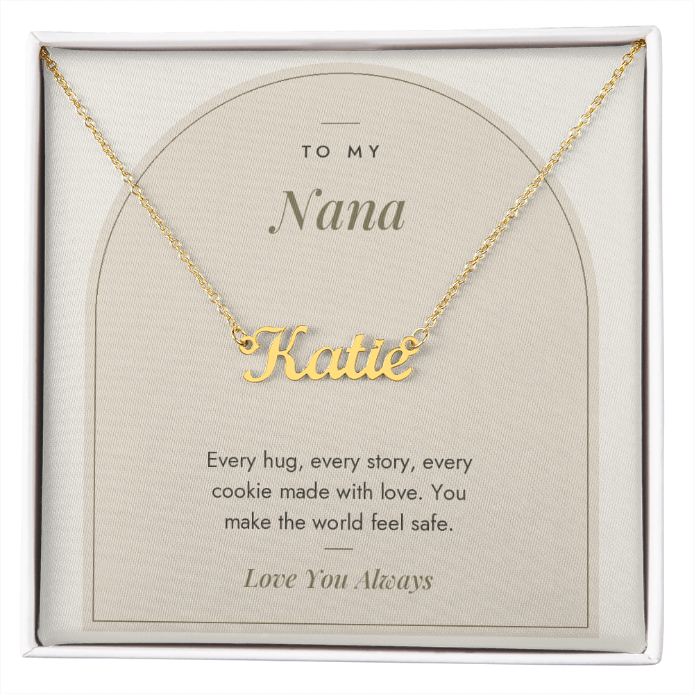 Custom name necklace for nana – Modern Arch pendant with To My Nana message card, view 4